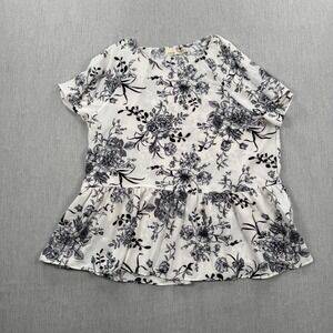 Everleigh Floral Peplum Top Womens XL White Black Short Sleeve Blouse BE19128